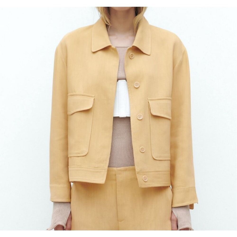 Zara Beige Button Front Long Sleeve Linen Blend Utility Jacket Size XS